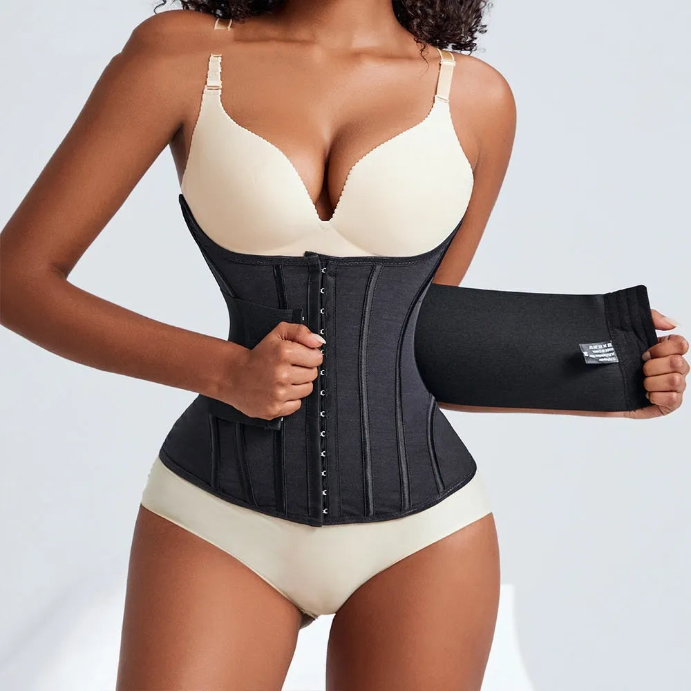 Nylon belly band waist trainer for tummy slimming in black and apricot colours.