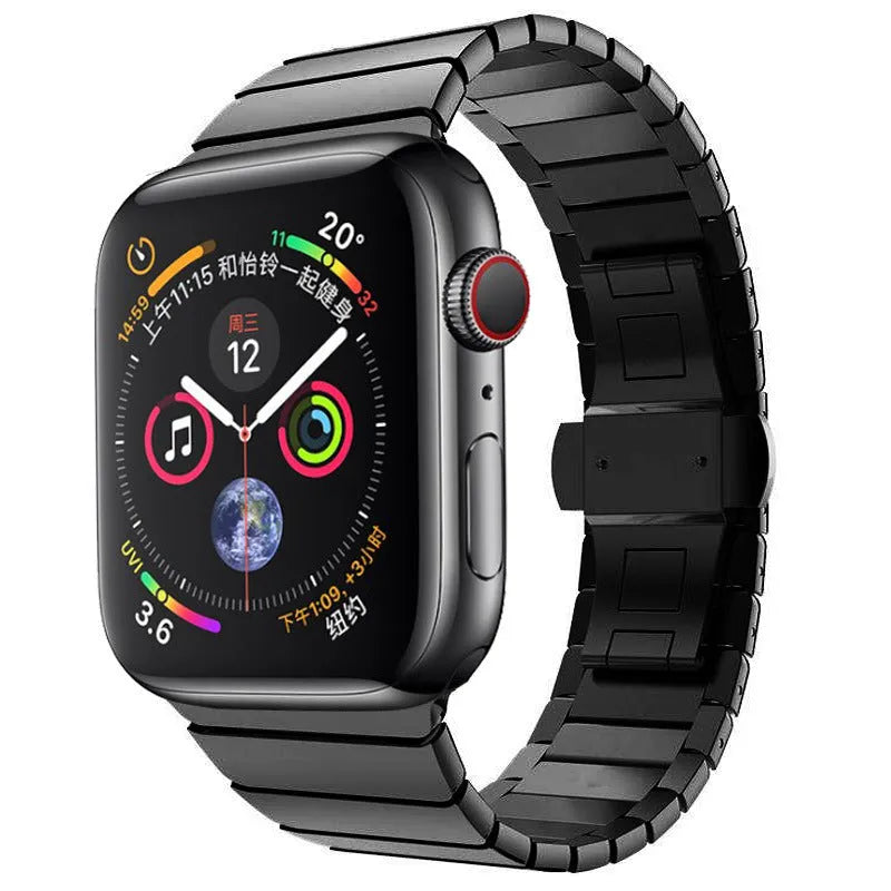 Stainless steel Apple Watch band with butterfly buckle clasp in silver colour