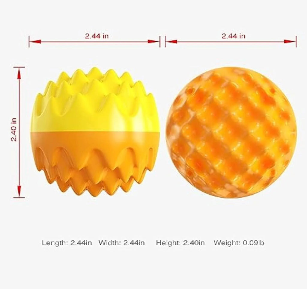 Blue or orange spiky rubber dog ball with dental cleaning texture and squeaker