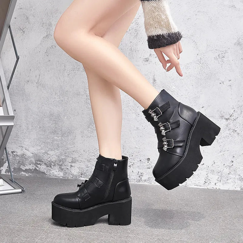 Black women's platform ankle boots with bat buckle Gothic detailing and side zipper