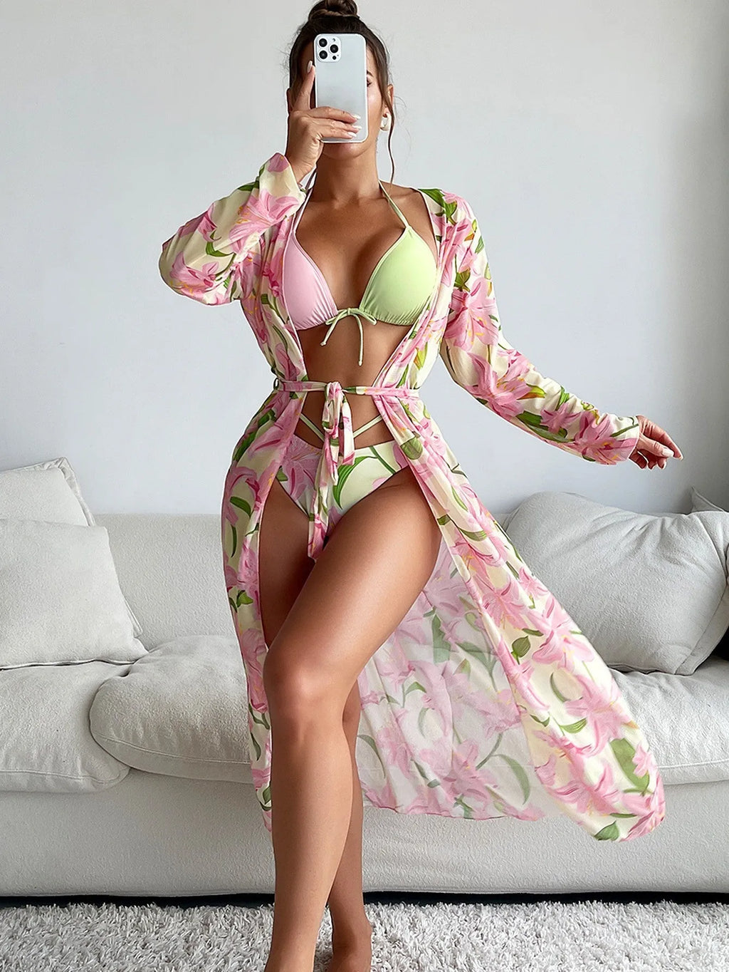 Women's printed bikini swimsuit set with bra and briefs on a mannequin.