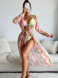 Women's printed bikini swimsuit set with bra and briefs on a mannequin.