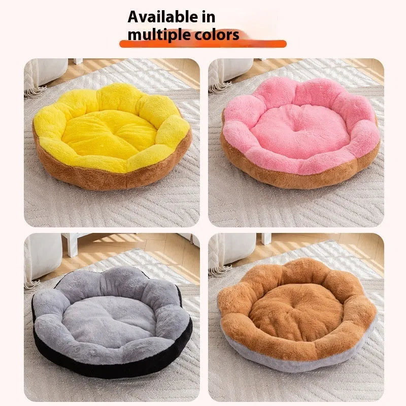 Round rabbit plush cat bed with a detachable cover in a grey and black colour.