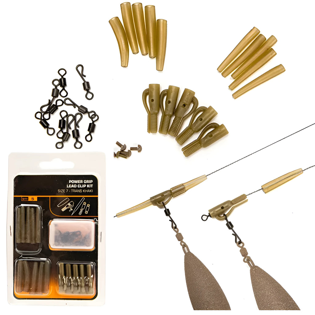 30 piece European carp fishing accessory set with components organised on card
