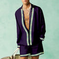 Men's loose fit slim style long sleeve shirt and matching shorts set on a hanger.