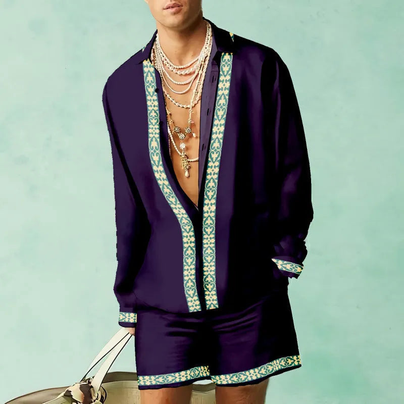 Men's loose fit slim style long sleeve shirt and matching shorts set on a hanger.