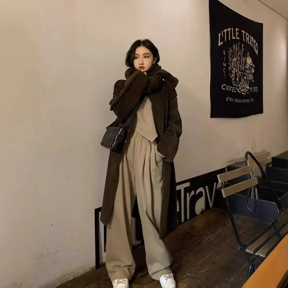 Women's khaki loose casual sports suit set with long sleeve top and trousers