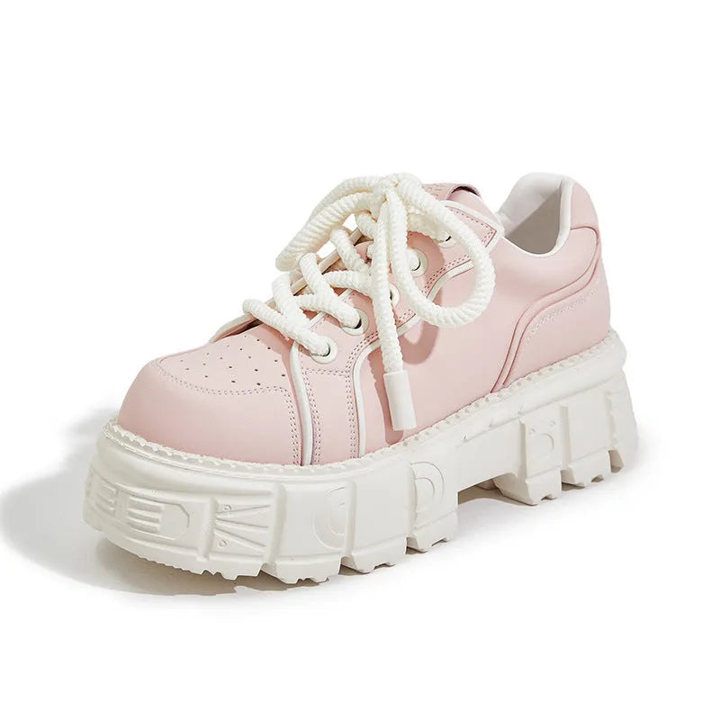 Women's casual leather shoes with thick rubber foam soles in beige or pink solid colours