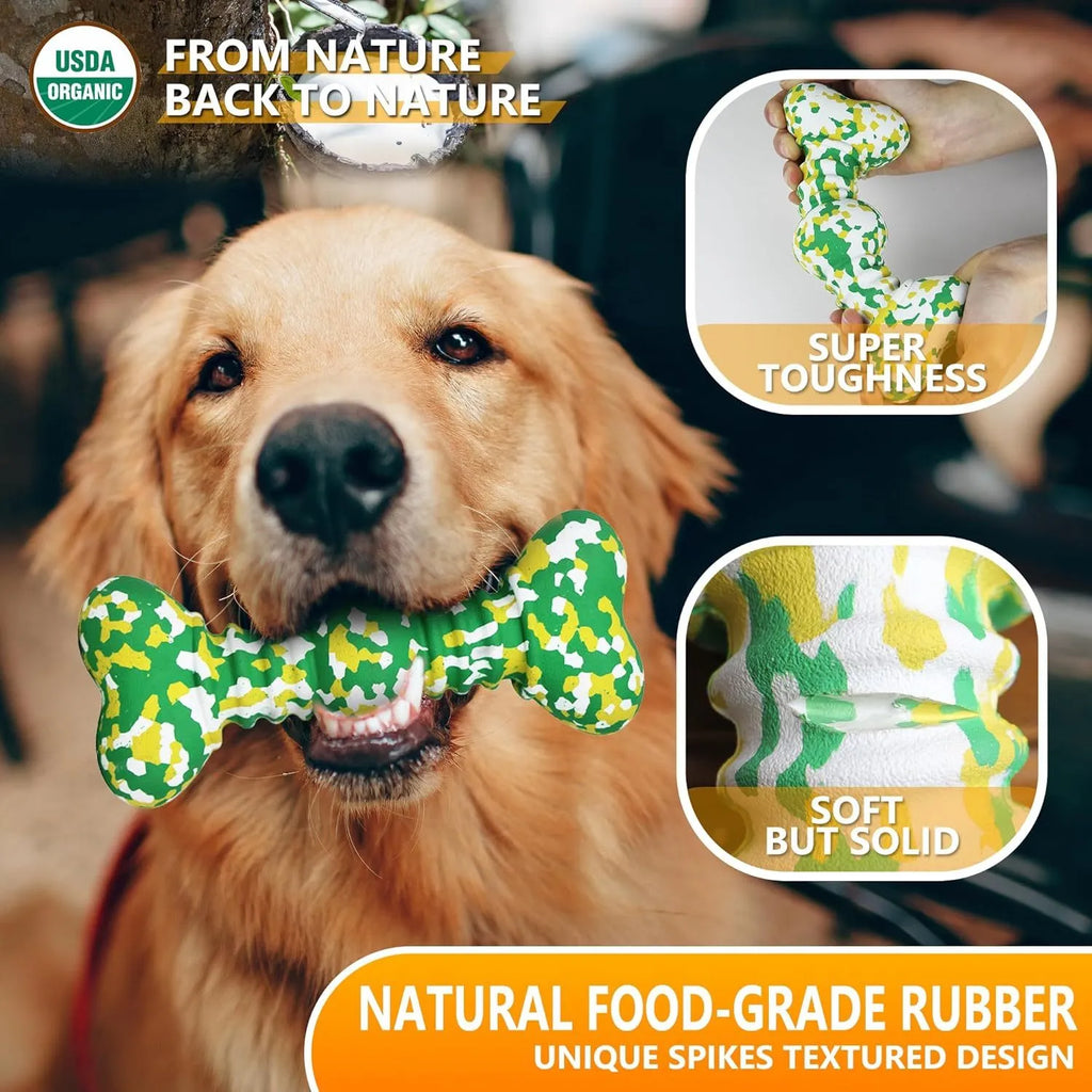 Natural rubber dog chew bone toy for large breeds in camouflage colours, shown in two sizes.