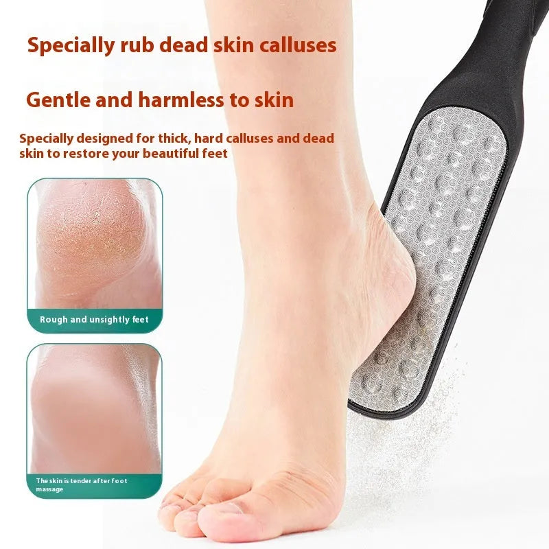 Double-sided stainless steel foot grinder tool for callus removal in black or white.