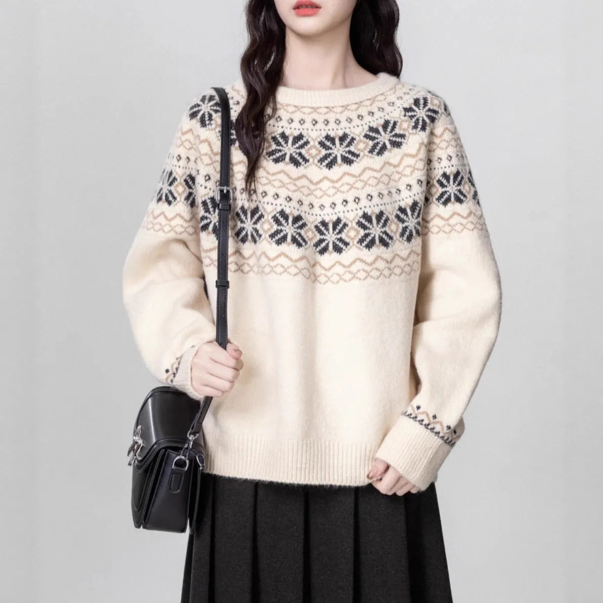 Women's milky white fair isle pullover sweater with geometric pattern, loose fit, and crew neck.