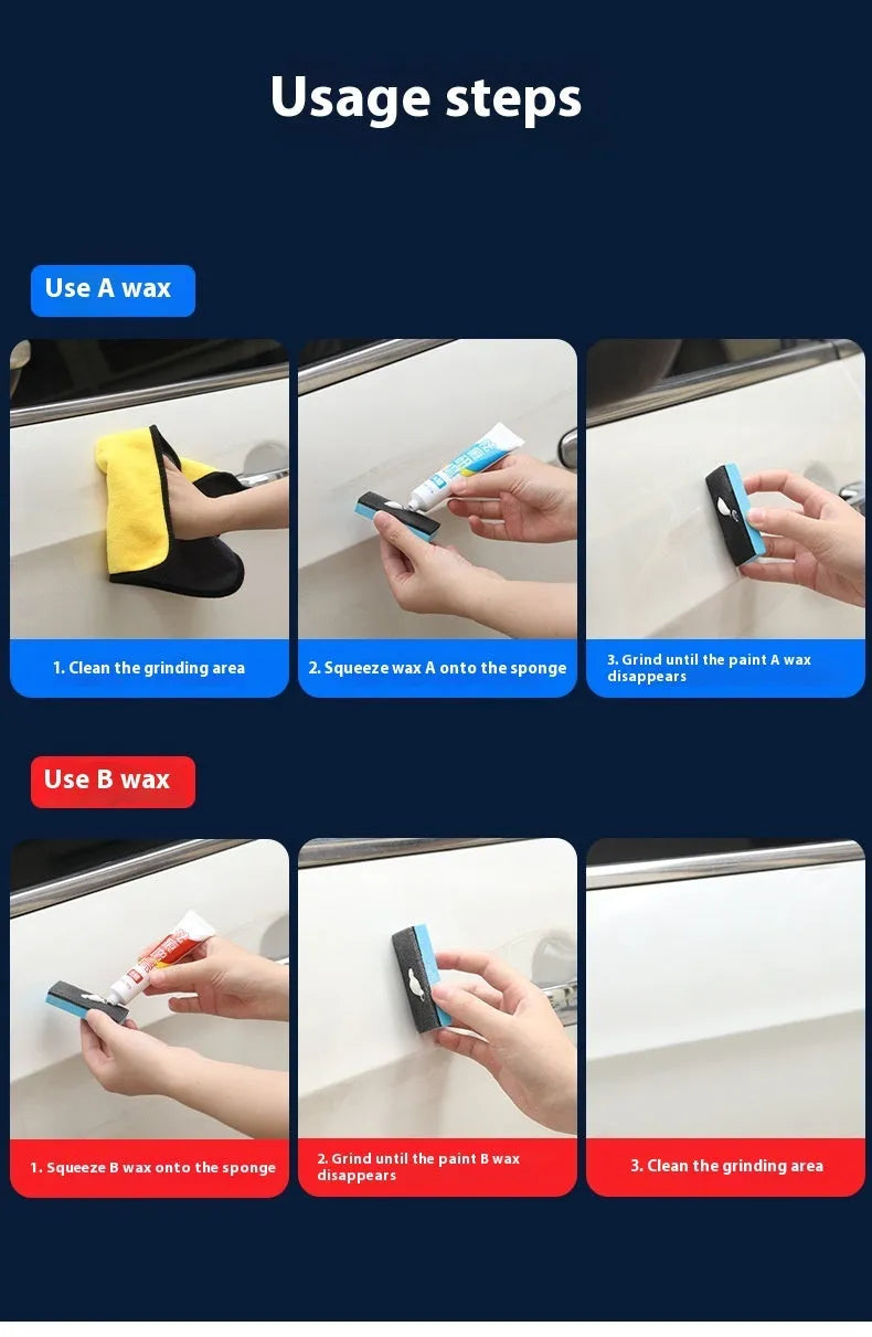 Car repair wax kit containing scratch removal wax, brightening wax, and frosted sponge applicator for paint restoration