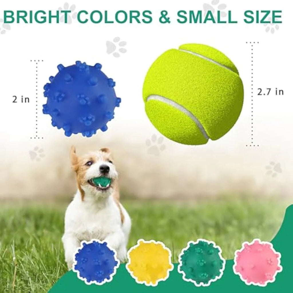 Four brightly coloured spiked dog toy balls with paw print dimples for small breed dogs