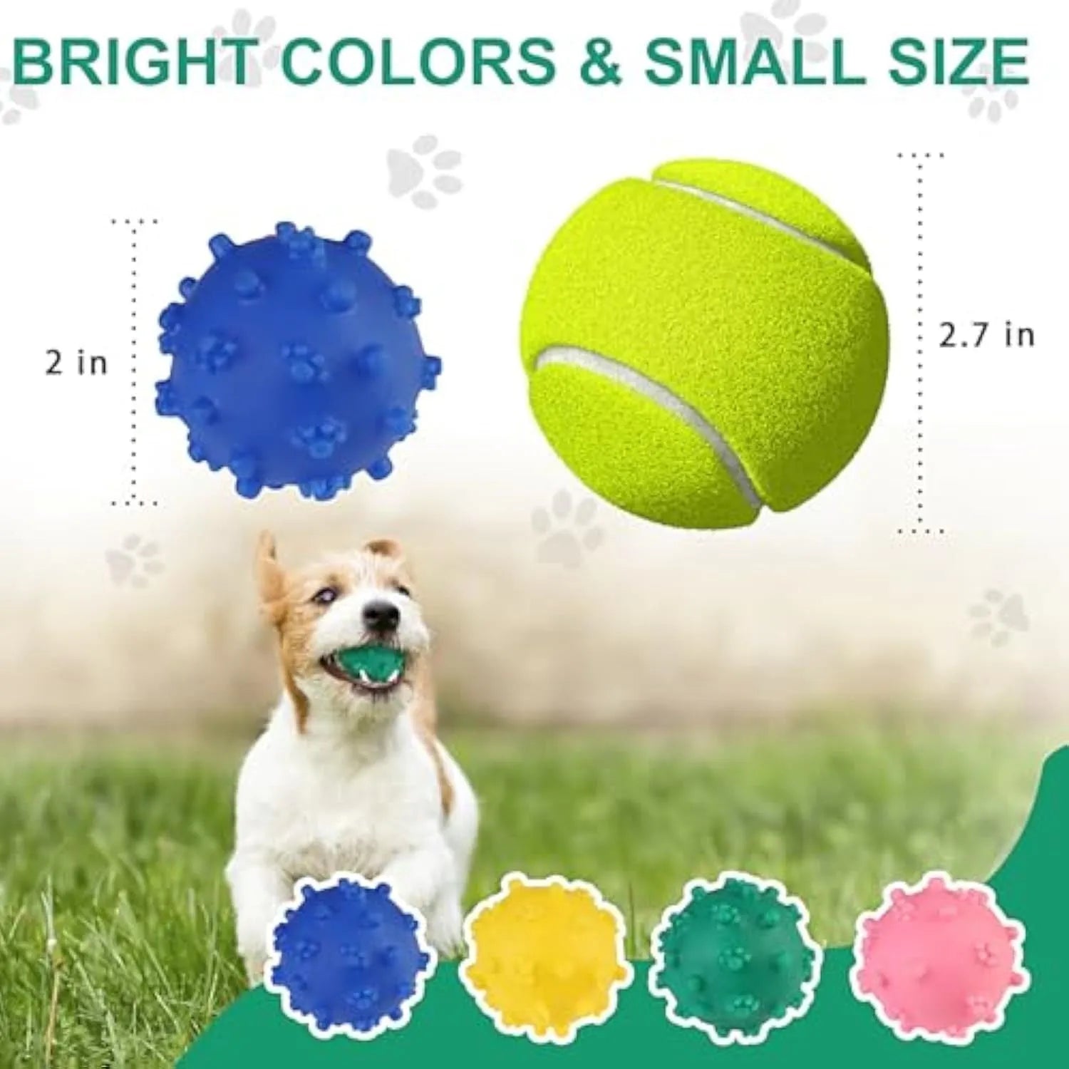 Four brightly coloured spiked dog toy balls with paw print dimples for small breed dogs