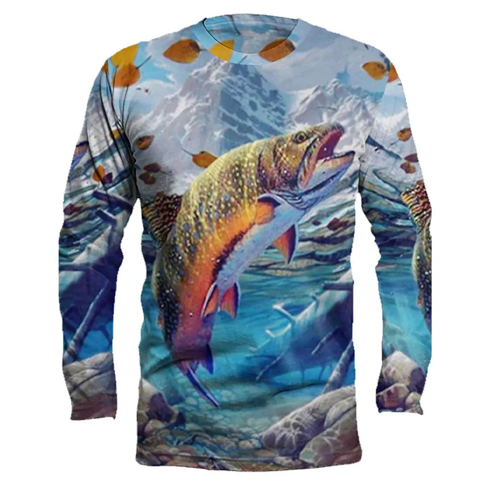 Men's grey round neck long sleeve pullover with a large colourful fish graphic print on the front.