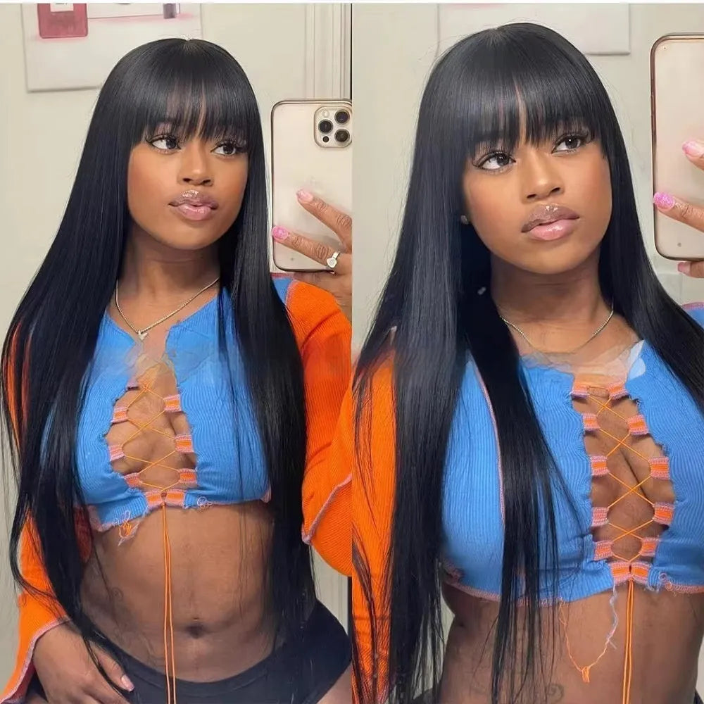 A natural colour human hair straight fringe wig with full-mechanism headgear on a stand.