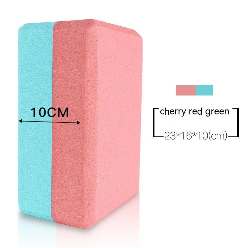 High-density EVA yoga block in violet colour next to a pink block with a cartoon print design.