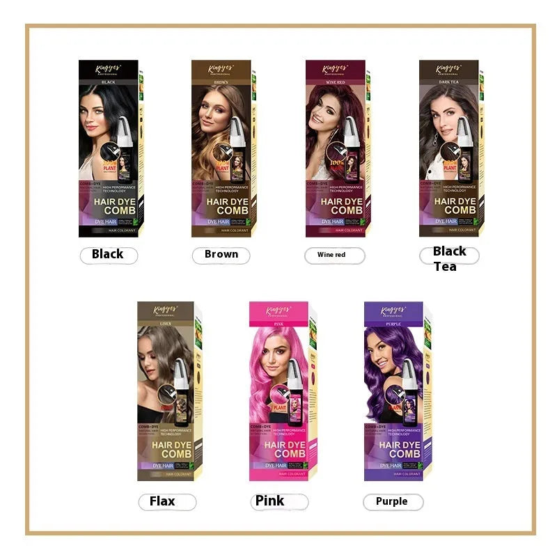 200ml bottle of permanent hair dye with a built-in comb applicator in Brown, Wine Red, or Dark Brown.