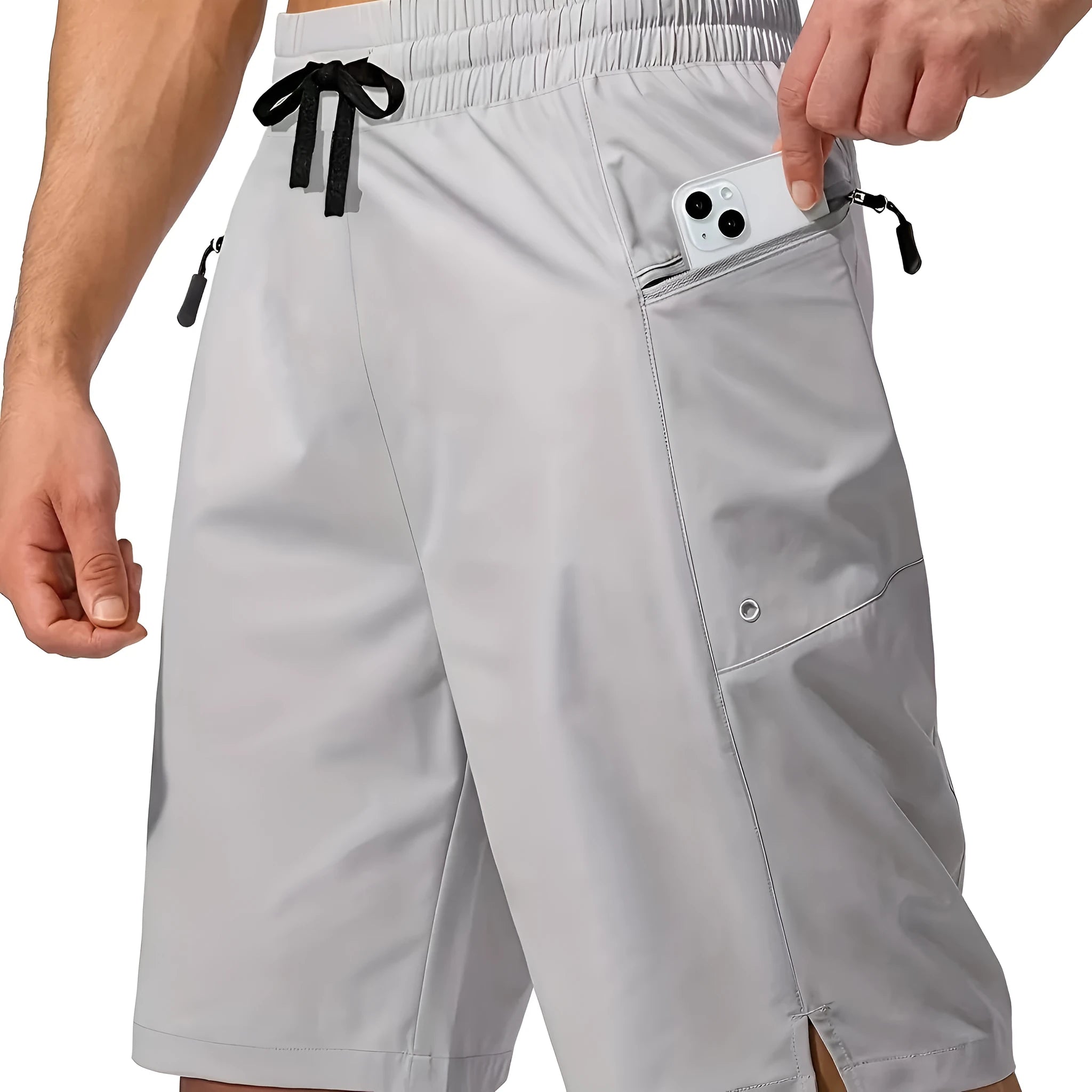 Men's solid colour beach shorts in straight cut with quick-drying polyester fabric