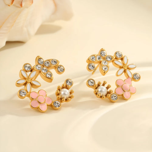 18K stainless steel flower petal stud earrings with electroplated diamond-colour finish