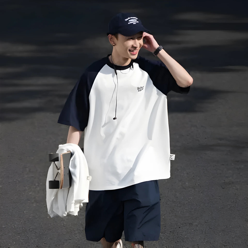 Men's blue casual raglan sleeve T-shirt with loose fit and pullover style