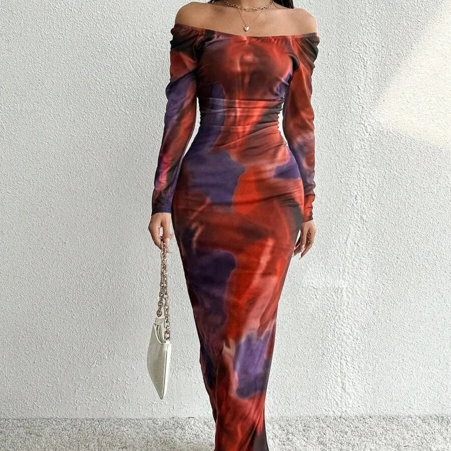 Women's printed pleated fishtail dress with square collar in gradient colour