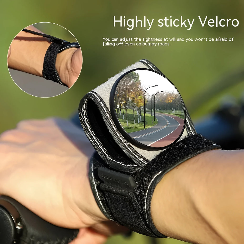 Black nylon wrist-mounted cycling rear-view mirror with adjustable strap