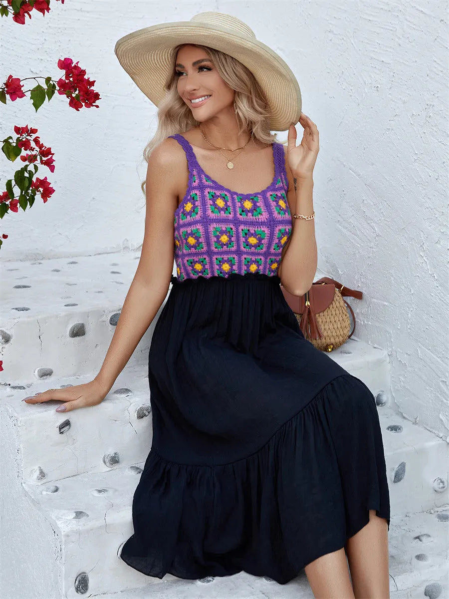 Purple sleeveless dress with hand-hooked flower stitching pattern, cotton blend fabric