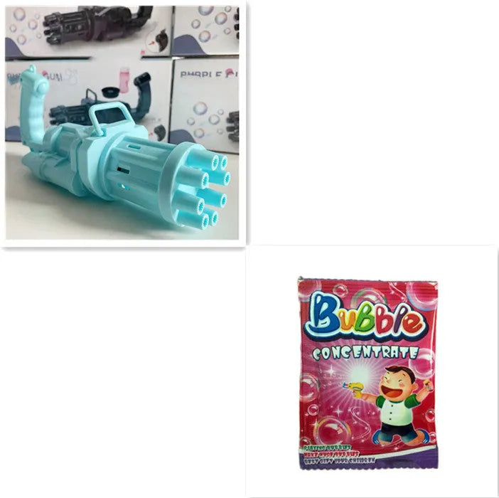 Child's plastic bubble blower gun in pink, gold, or black with removable bubble head for use as a fan.