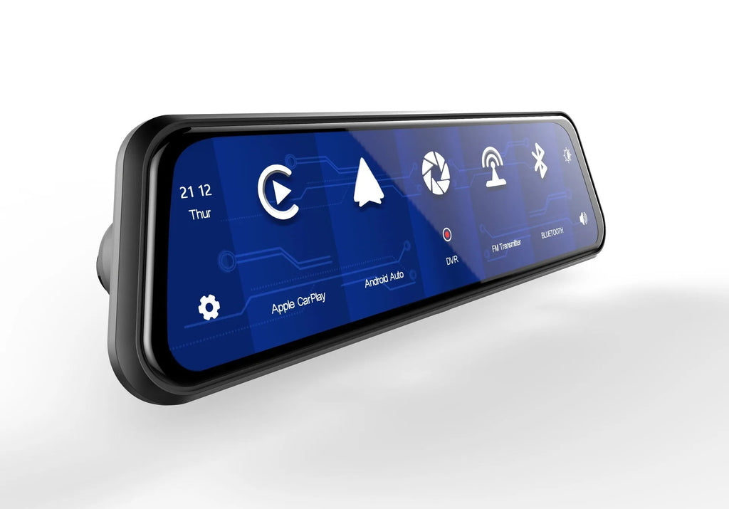 Black dual-lens driving recorder with large touch screen mounted on a car windscreen.