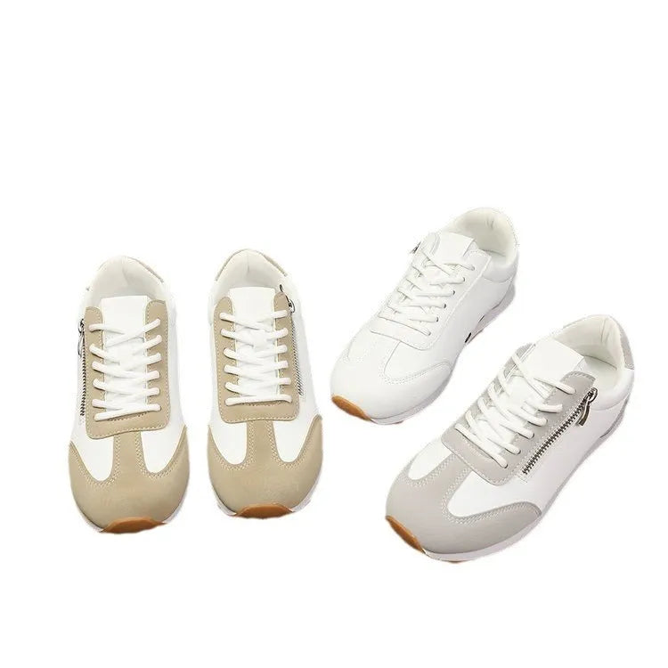 Women's flat-heeled casual shoes in grey, white, or Champagne with artificial PU upper and rubber sole