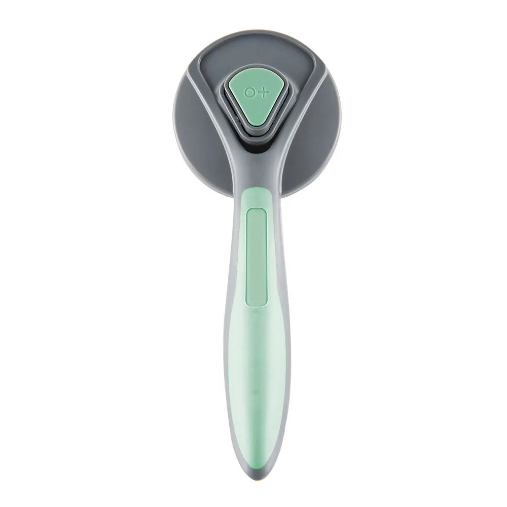 Gray self-cleaning slicker brush for pet grooming with one-click cleaning button on handle
