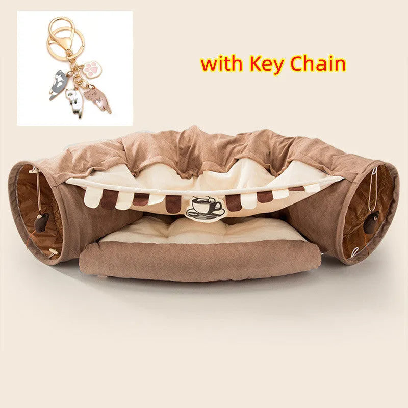 Collapsible cloth cat tunnel shown in one of four colours: Bar, Coffee, Matcha, or Pink