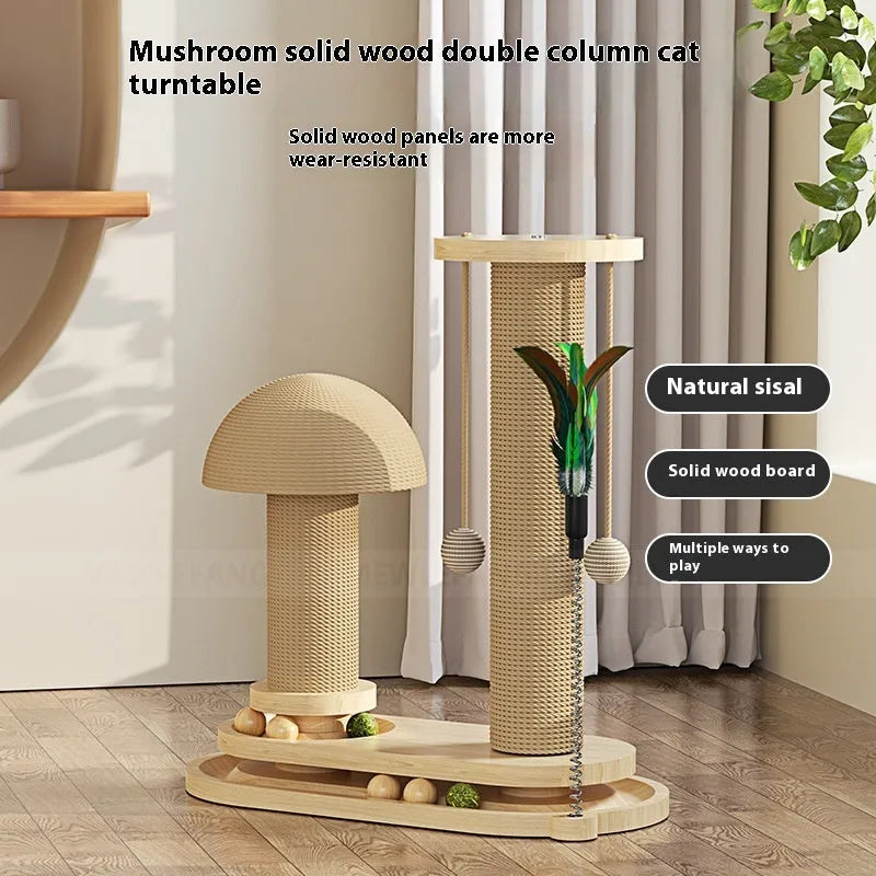 Solid wood cat scratching post with turntable climbing frame in multiple design variations