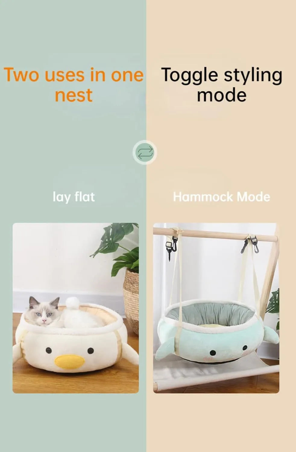 Green dinosaur and chick shaped cat bed shown both flat as a sofa and hanging as a hammock for small pets.