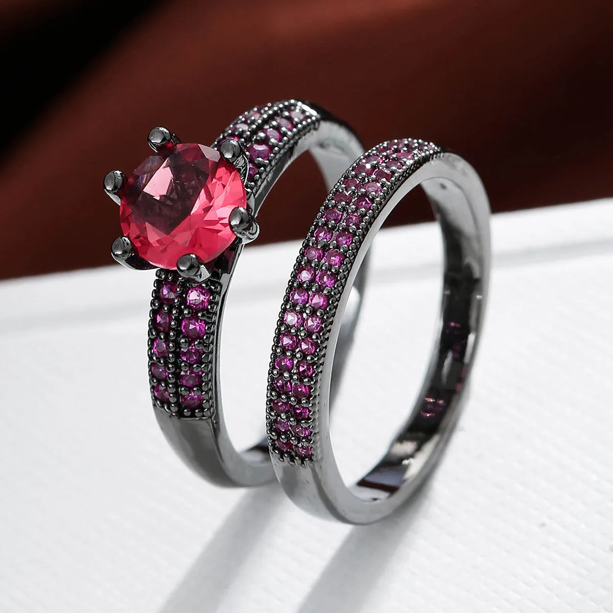 Copper zircon hollow ring with geometric design in golden-white zirconium finish