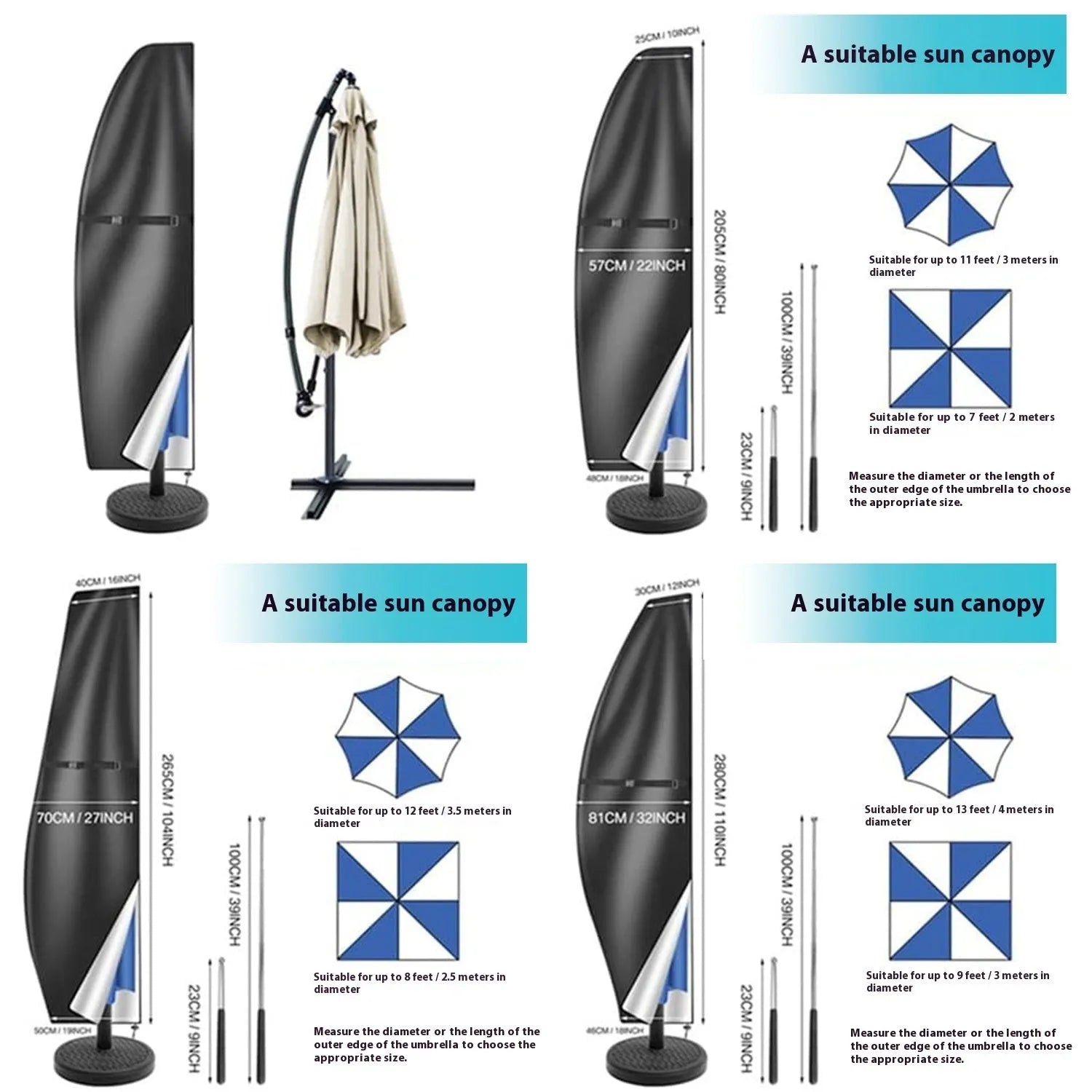 Black waterproof Oxford cloth cover for a banana-shaped offset outdoor umbrella.