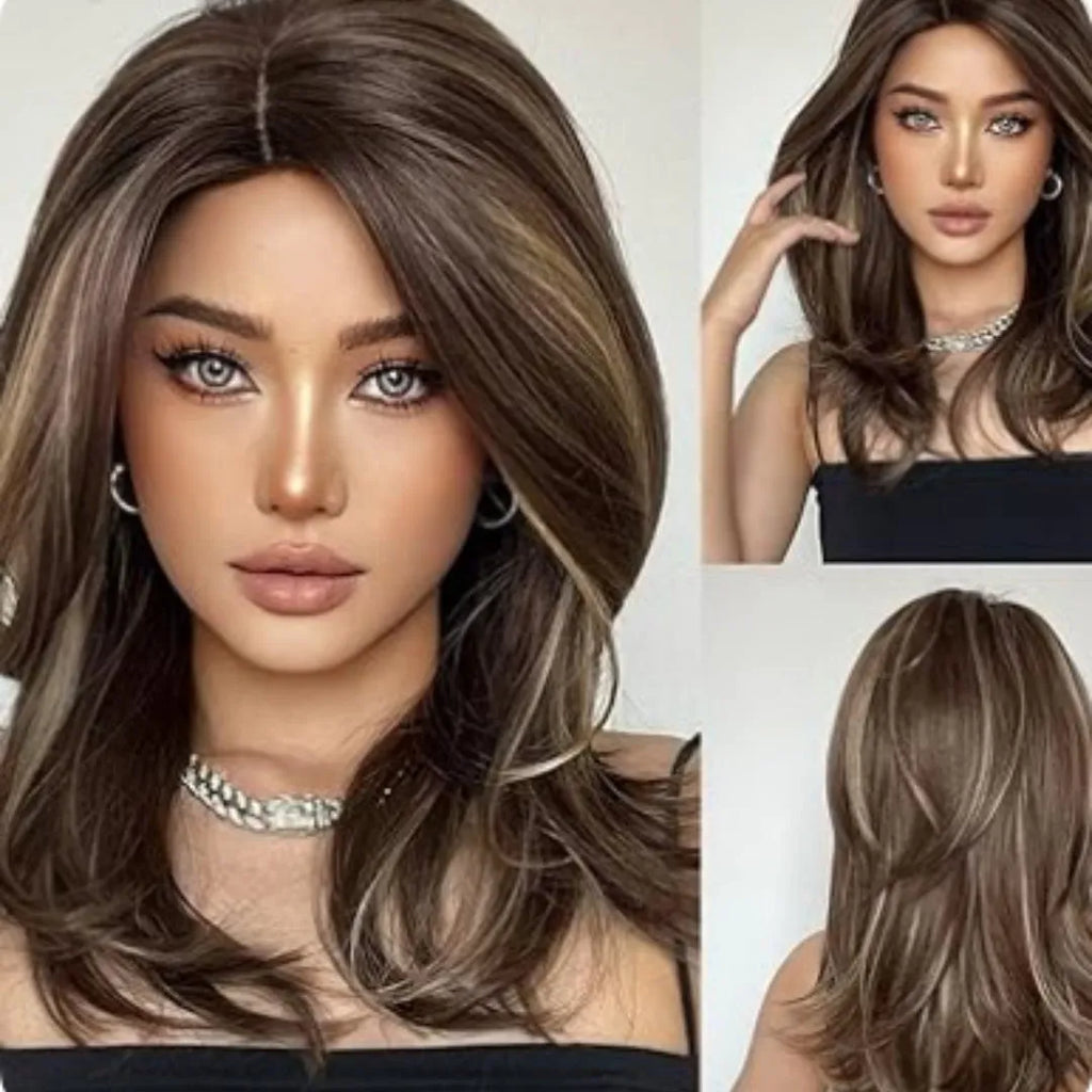 Mid-length curly synthetic wig in a gradient colour with long bangs and full-head coverage