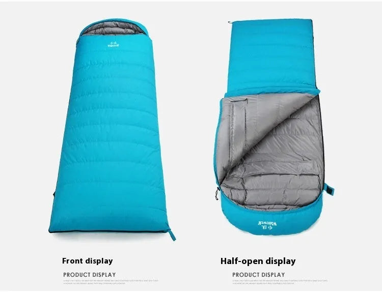 Black outdoor sleeping bag with white goose down fill and tear-resistant nylon fabric.