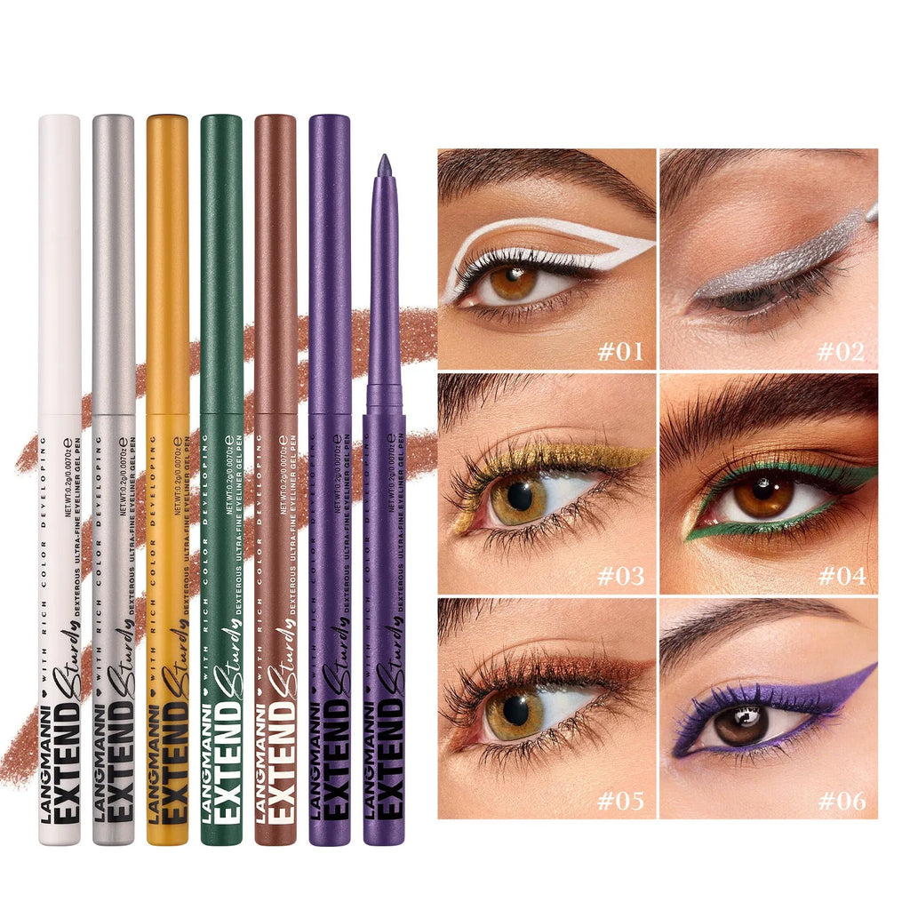 12 colourful gel eyeliner pencils in vibrant shades including glitter and metallic finishes