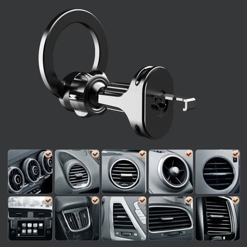 Black magnetic car air vent phone holder with O-ring bracket for smartphones
