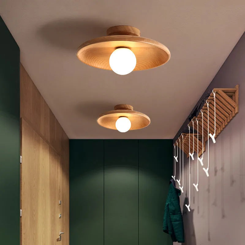 Minimalist solid wood and glass ceiling lamp in walnut colour, 28cm diameter