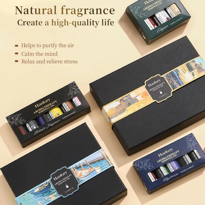 Boxed sets of water-soluble aromatherapy essential oils in 3, 5, 6, 10 or 12 bottle combinations