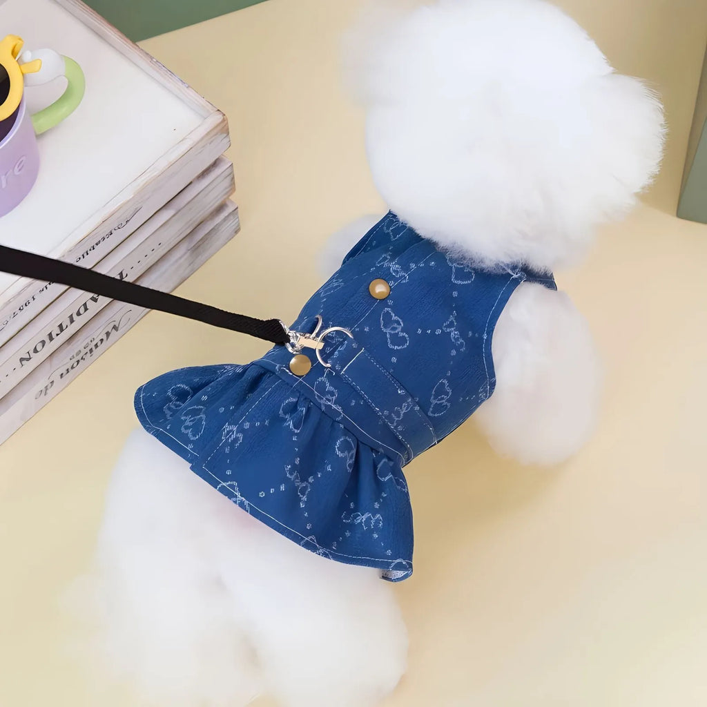 Denim princess dress for small dog on hanger showing bracket detailing and lightweight construction