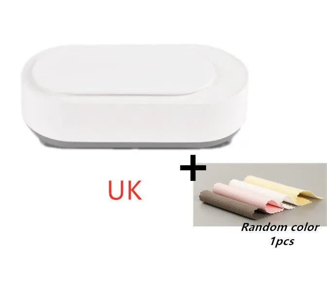 White portable ultrasonic cleaning machine with stainless steel tank and touch button.