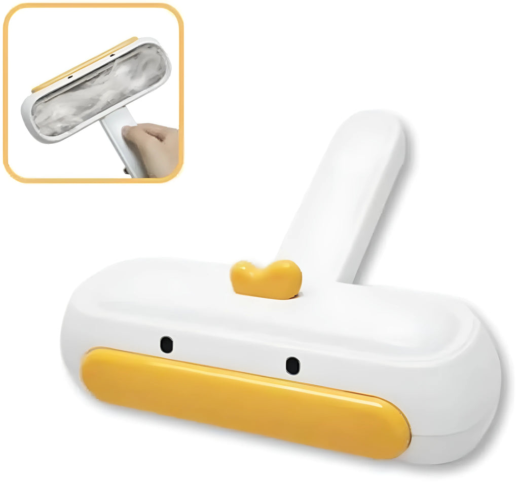 White portable pet hair remover tool with yellow duck cartoon design and polyester bristles