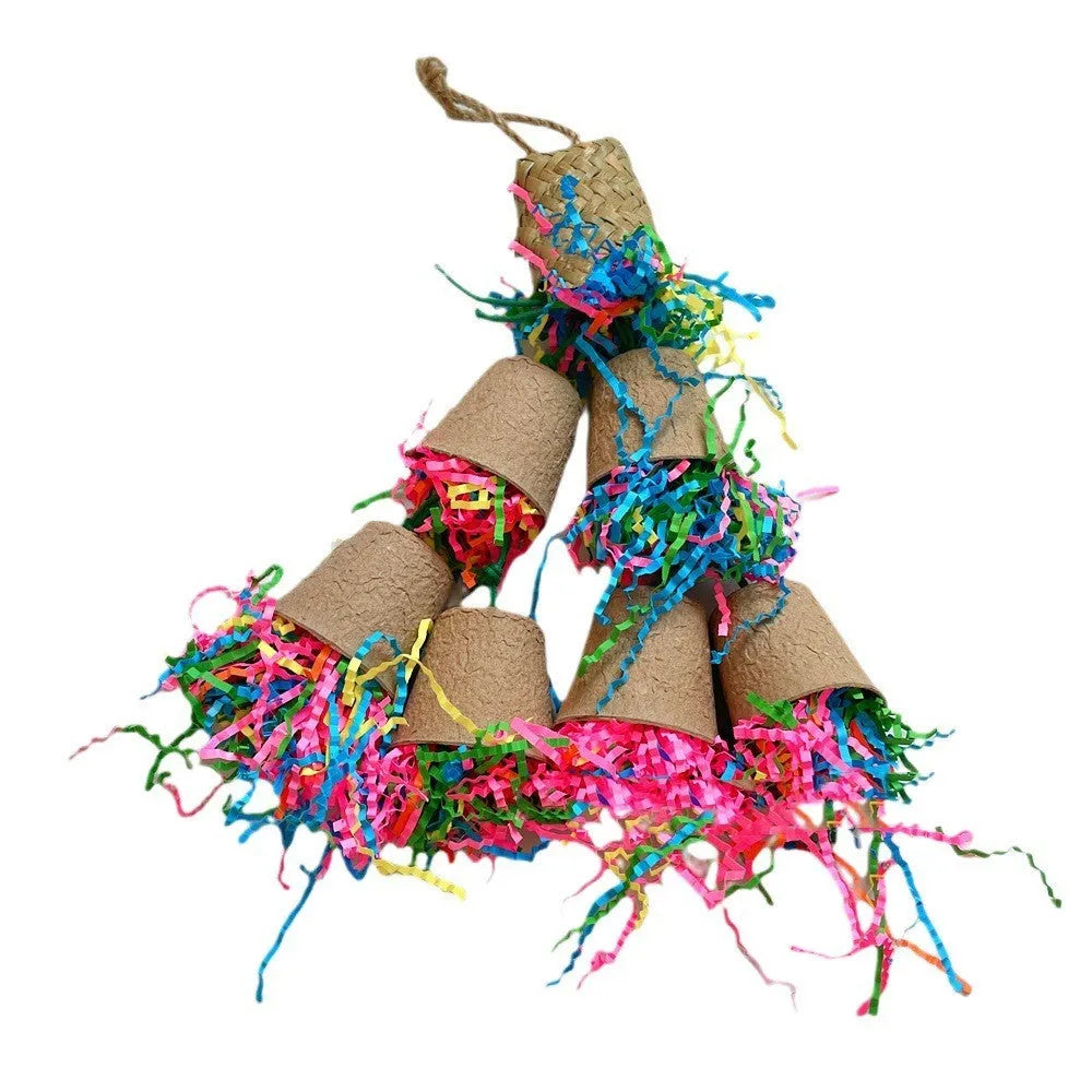 Parrot gnawing toy made from palm weaving with paper cup design and hanging rope