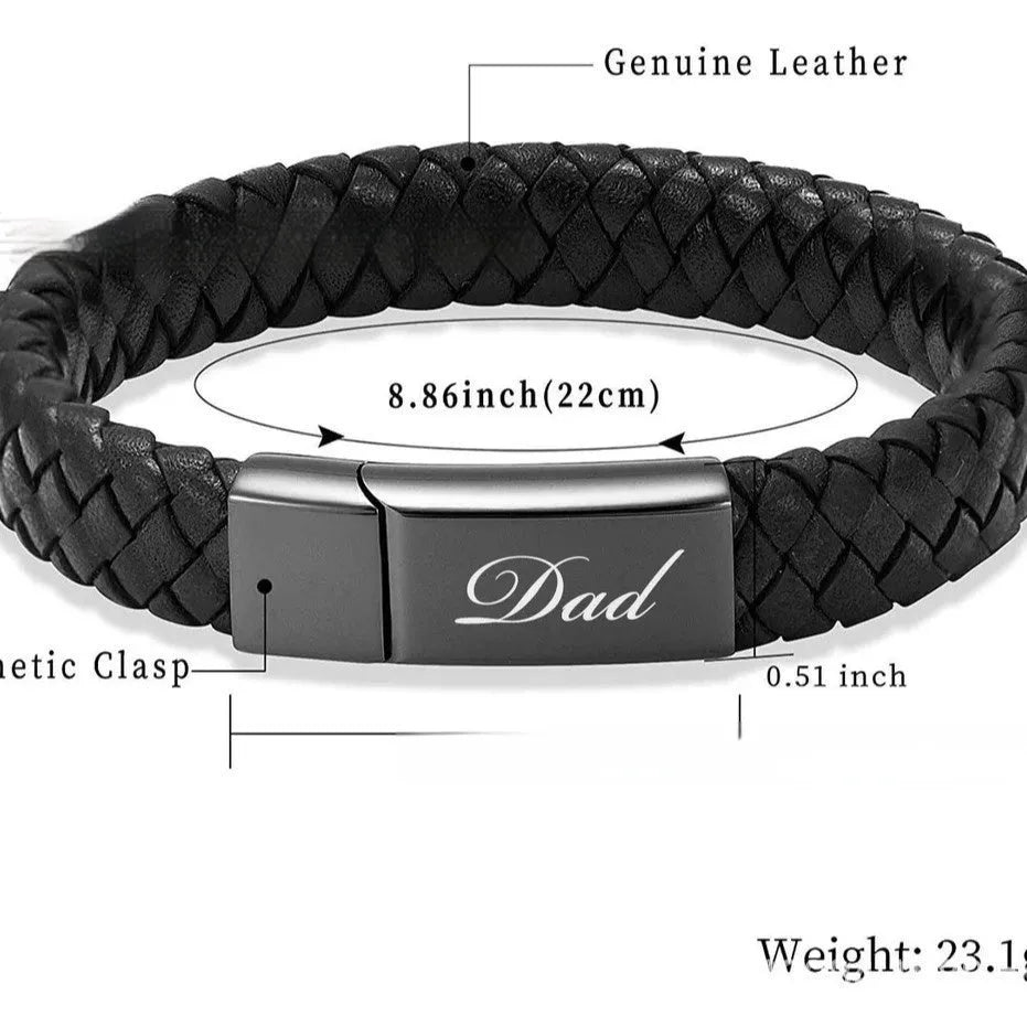 Black stainless steel memorial bracelet with a woven leather compartment for ashes and an engraved plate.