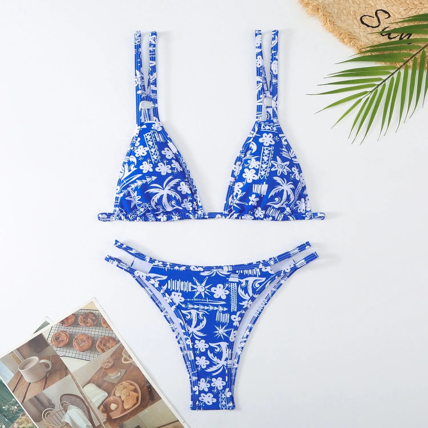 Women's floral printed halter bikini set with backless design in blue, white, or rose red polyester fiber swimwear