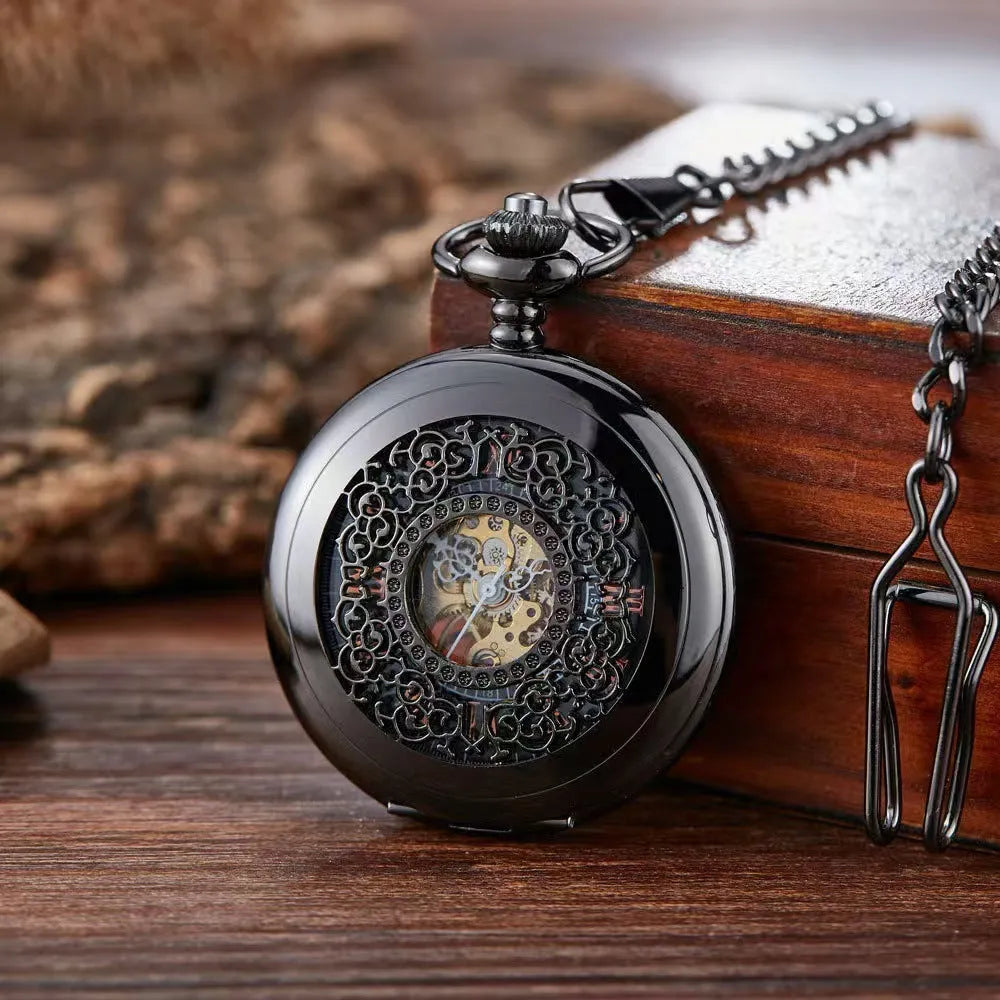 Retro automatic mechanical pocket watch with floral print dial and transparent case back in alloy construction